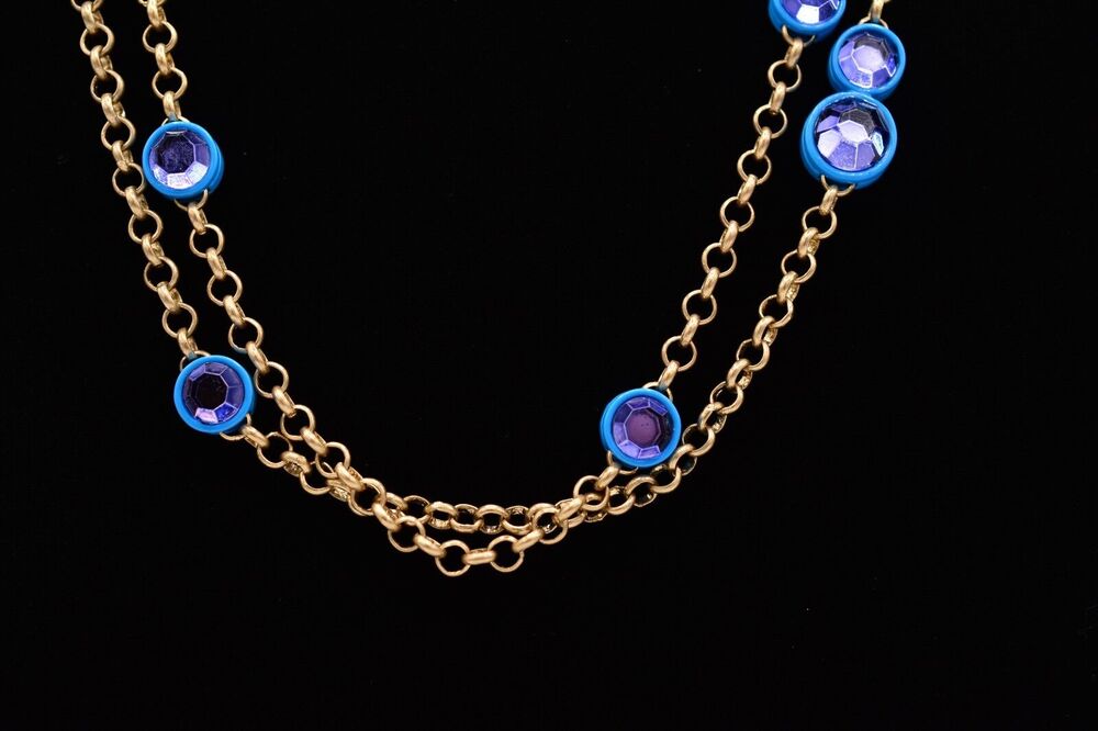 Coldwater Creek Necklace Blue Purple Crystal Rhinestone Chain Gold Signed 9J